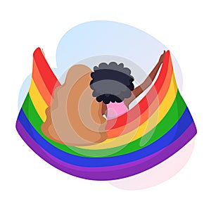 Young women couple hug each other and hold a rainbow LGBT pride flag. Sexual minority rights concept. Vector illustration.